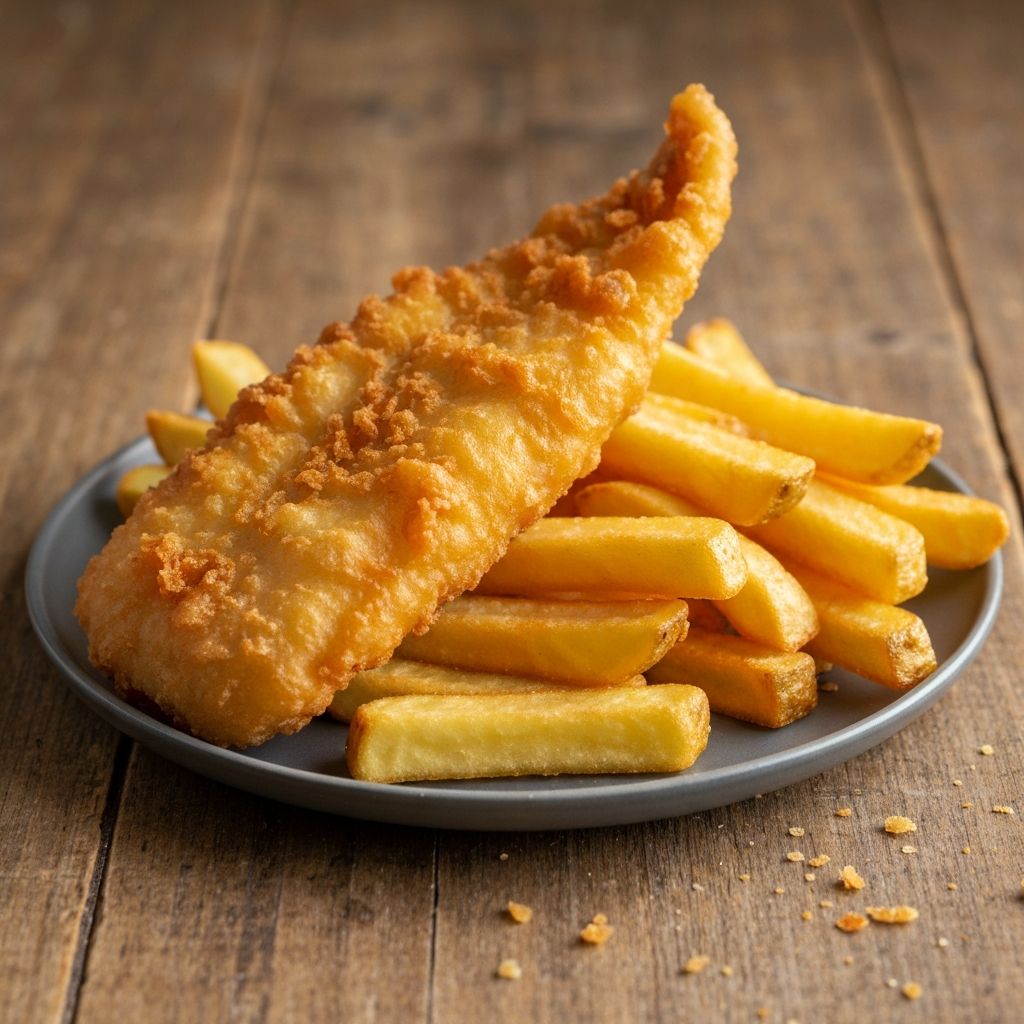 Golden crispy fish and chips on wooden table with natural lighting