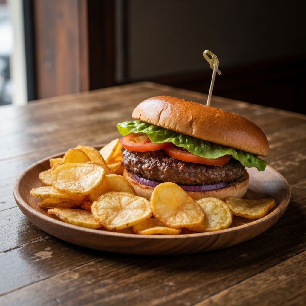 Gourmet pub burger with lettuce and tomato on wooden table