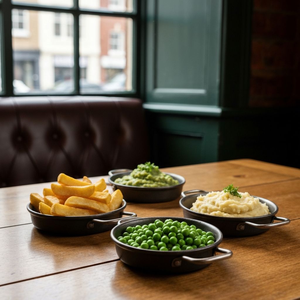 Array of British pub side dishes including chips, mushy peas, and mash