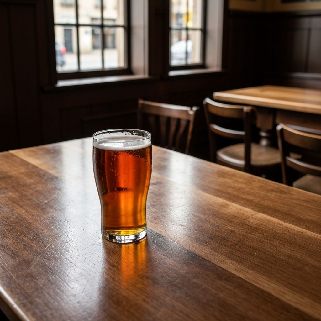 Traditional British pub wooden table with pint of ale