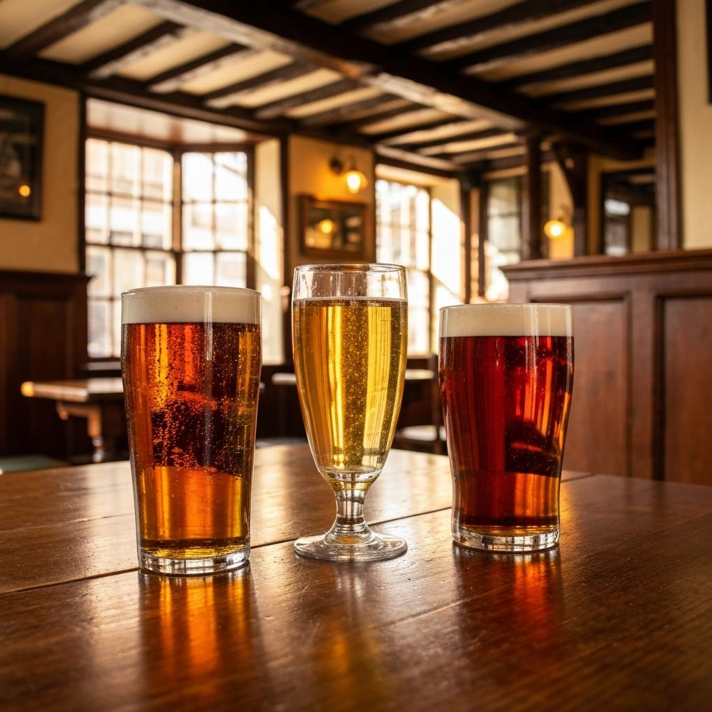 Pint of lager, cider, and ale on wooden pub table